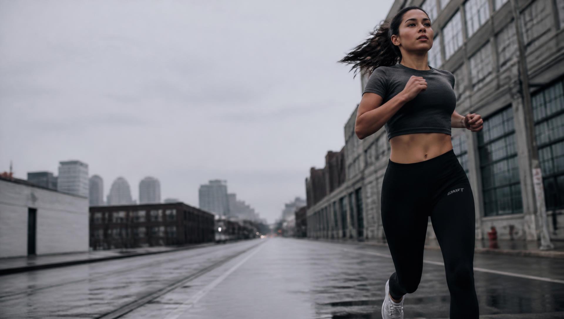 A runner in SHIFT apparel on a wet city street at dawn